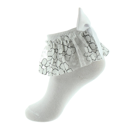 jrp socks black white flower lace ruffle anklet with bow
