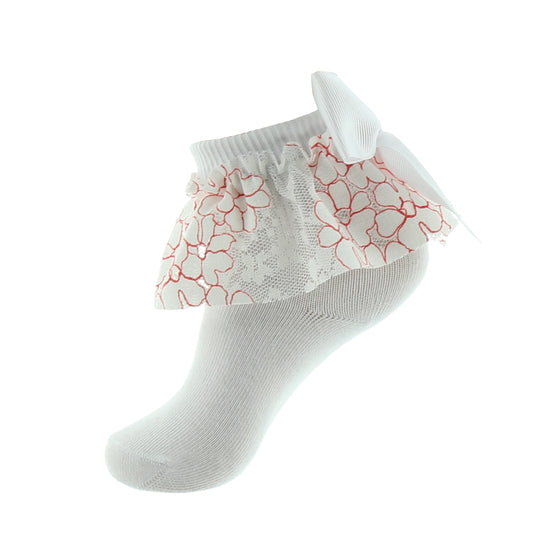 jrp socks coral white flower lace ruffle anklet with bow